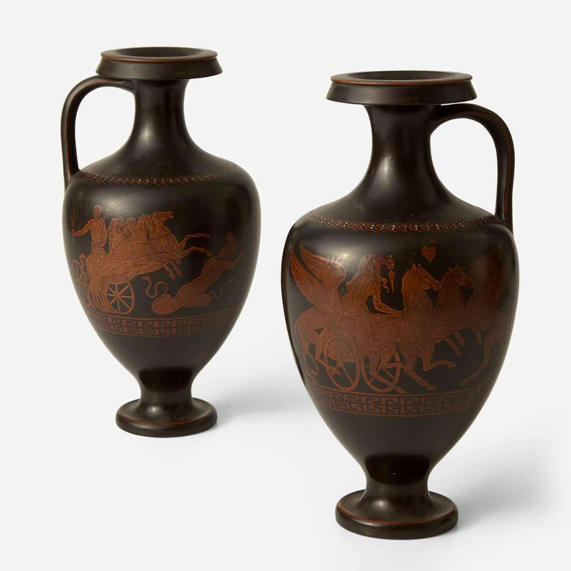A Pair of Wedgwood Black Basalt Handled Vases with Red Figure Decoration UK, circa 1860