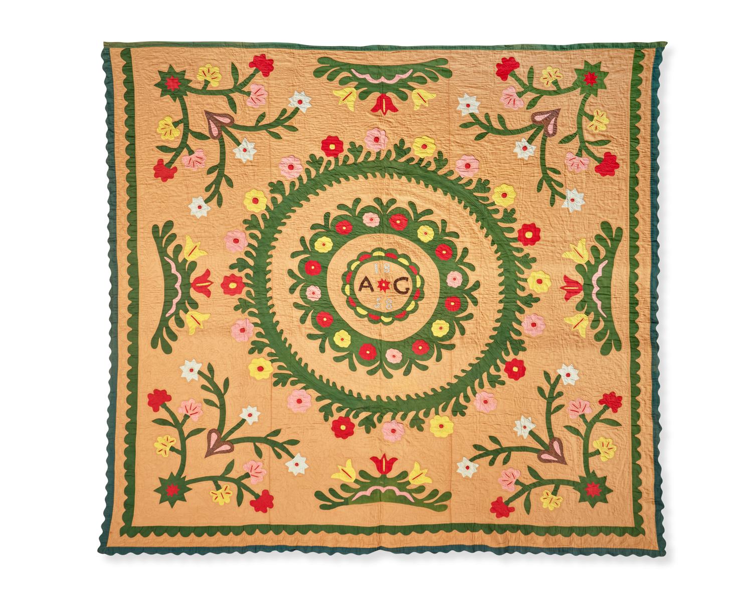 An Appliqued and Pieced Cotton Quilt, Dated "1858" and Initialed, "A G."