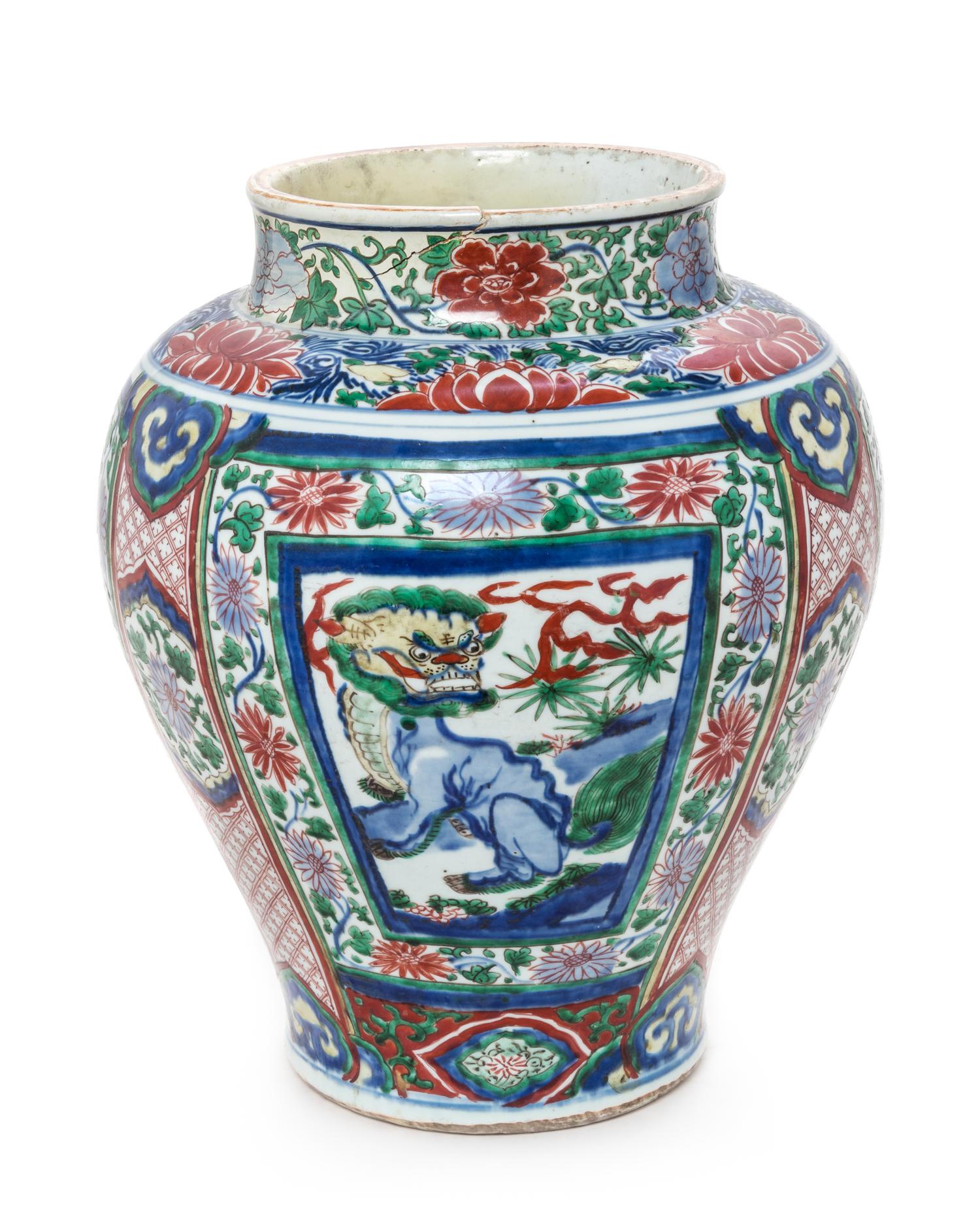 A Wucai Porcelain Jar Height 14 inches. — SHUNZHI PERIOD (1644-1661)