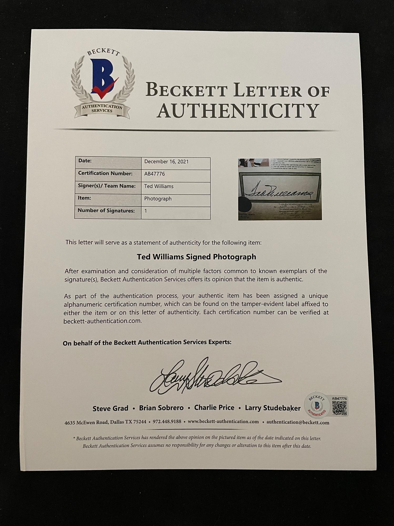 A Ted Williams Signed Autograph Career Statistics Display (Beckett Authentication Services Letter),