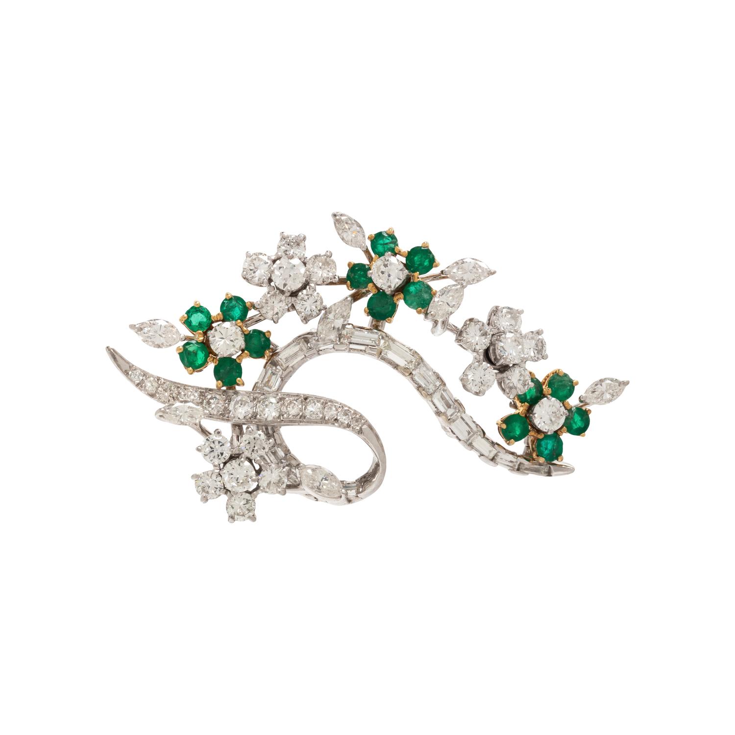 EMERALD AND DIAMOND FLORAL BROOCH