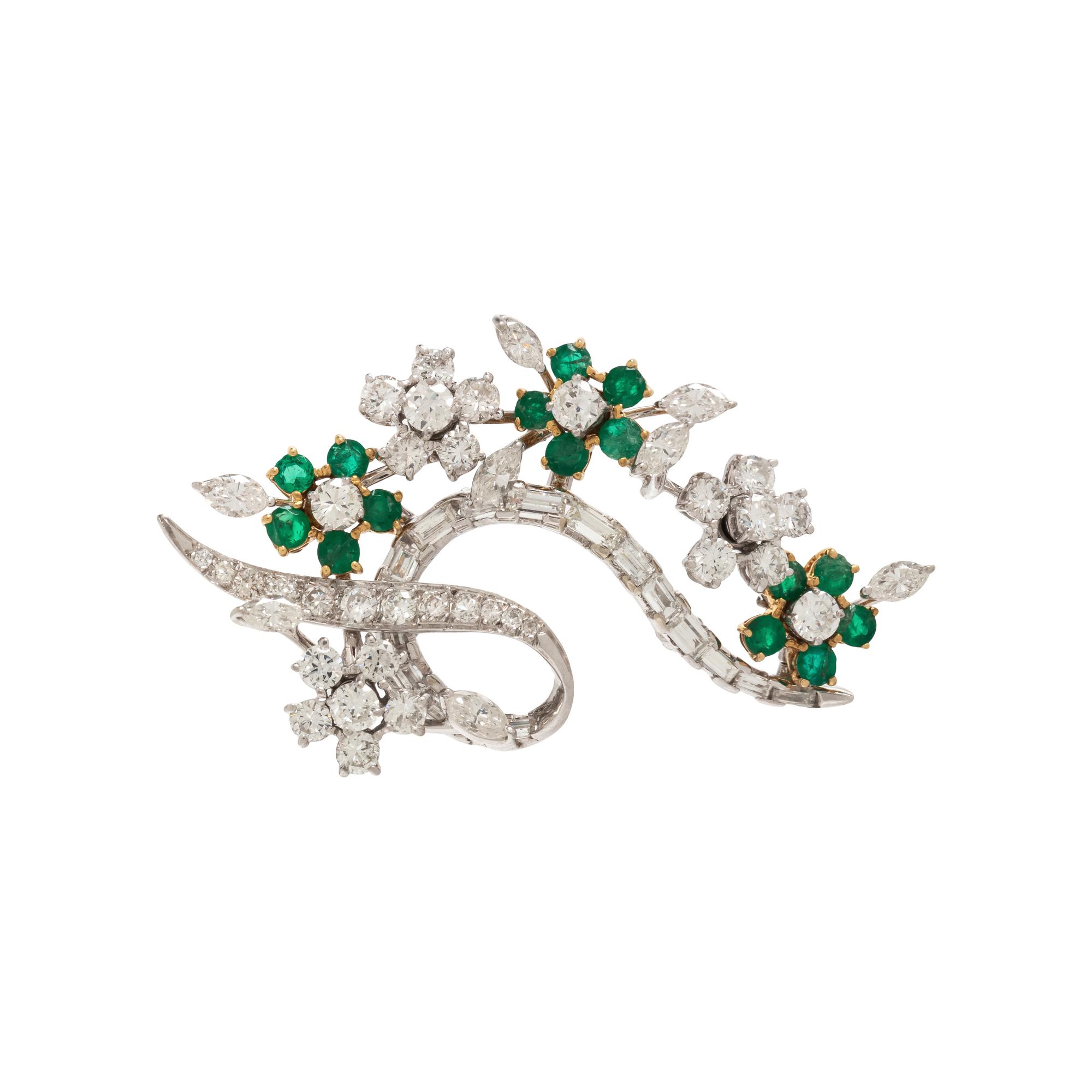 EMERALD AND DIAMOND FLORAL BROOCH