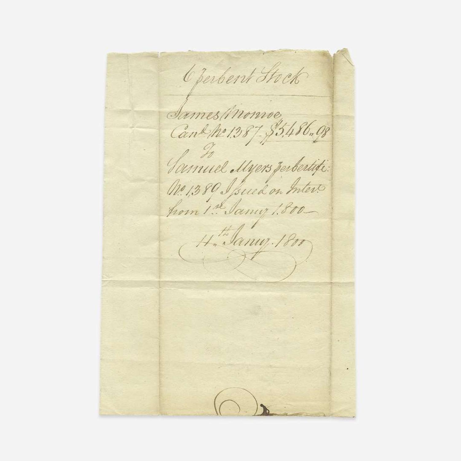 [Presidential] Monroe, James United States Loan-Office Certificate, signed