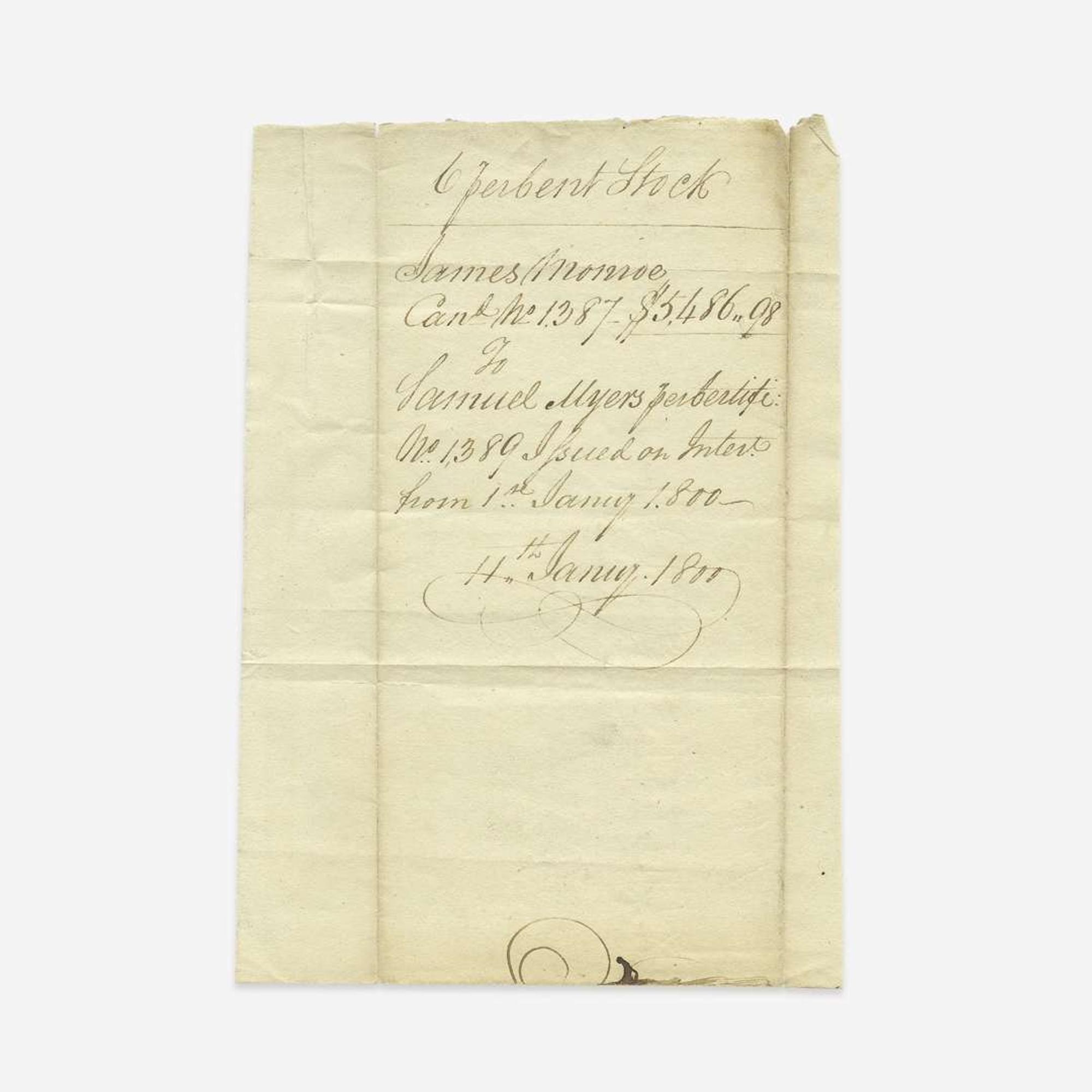 [Presidential] Monroe, James United States Loan-Office Certificate, signed