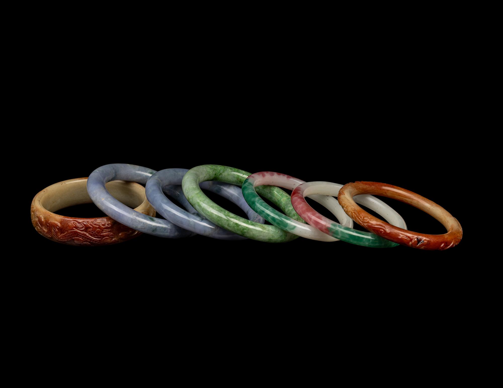 Seven Chinese Jade, Hardstone and Glass Bangles