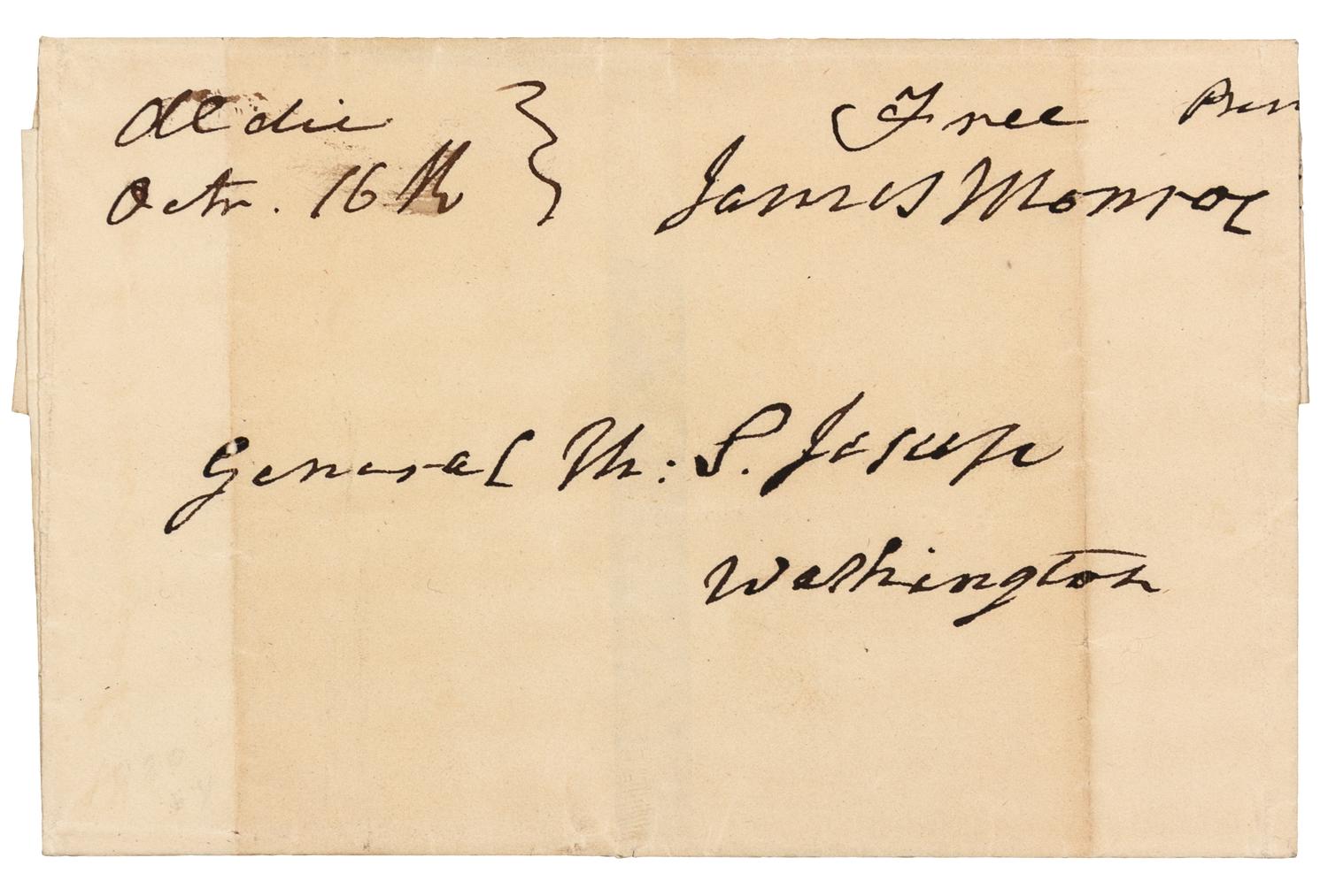 MONROE, James (1758-1831), President. Autograph free frank ("Free James Monroe"), on folded cover addressed in his hand. To General Thomas S. Jesup, Washington, D.C., 1827.