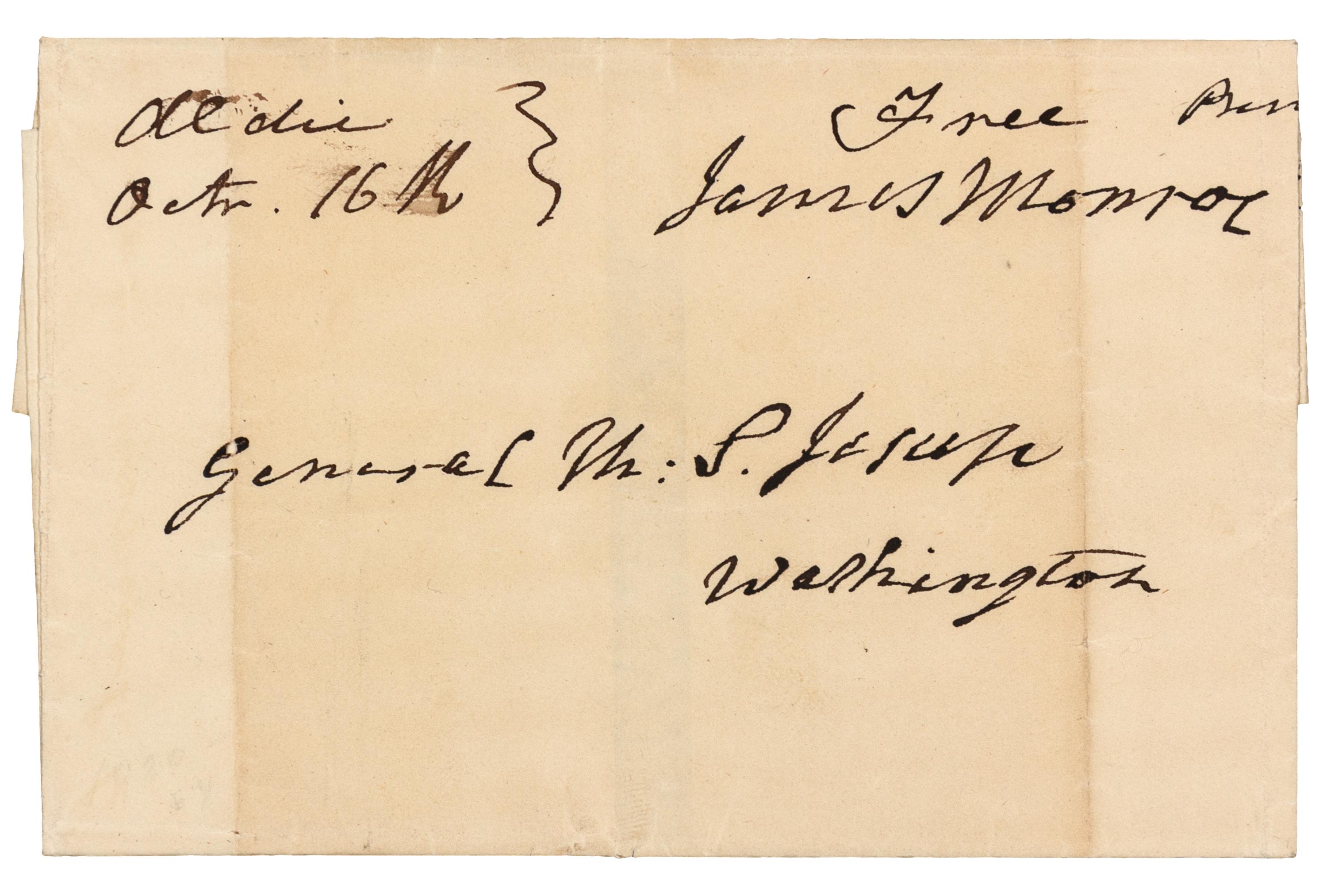 MONROE, James (1758-1831), President. Autograph free frank ("Free James Monroe"), on folded cover addressed in his hand. To General Thomas S. Jesup, Washington, D.C., 1827.