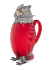 A Silver-Plate and Red Glass Owl Decanter