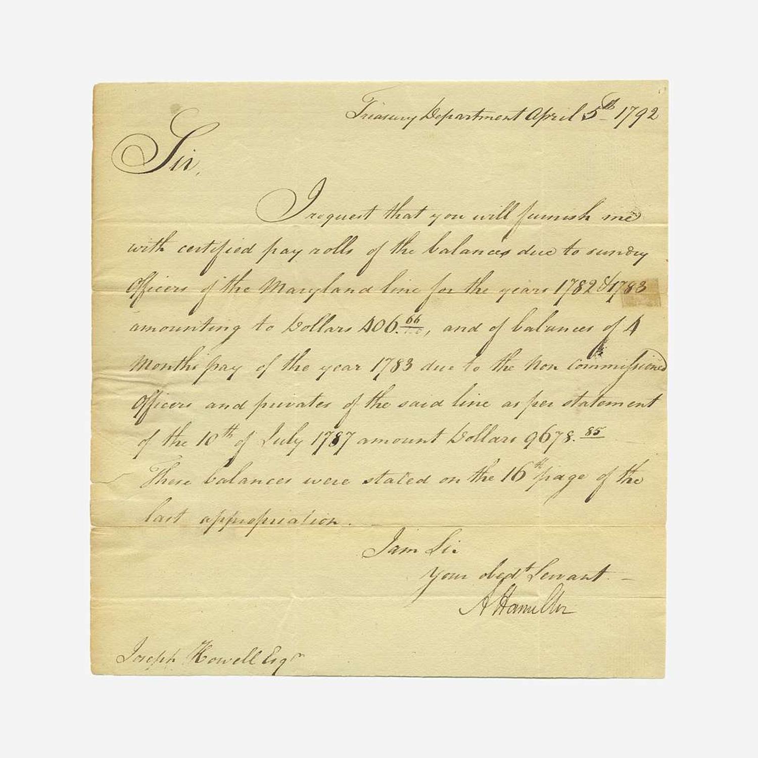 [Hamilton, Alexander] [Treasury Department] Letter, signed