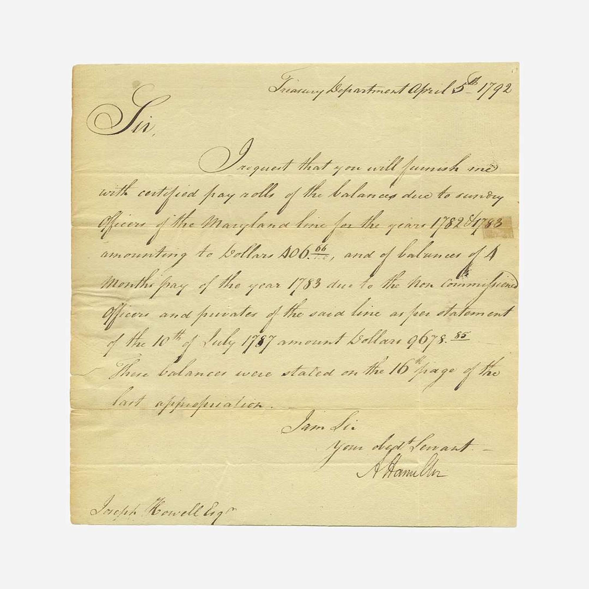 [Hamilton, Alexander] [Treasury Department] Letter, signed