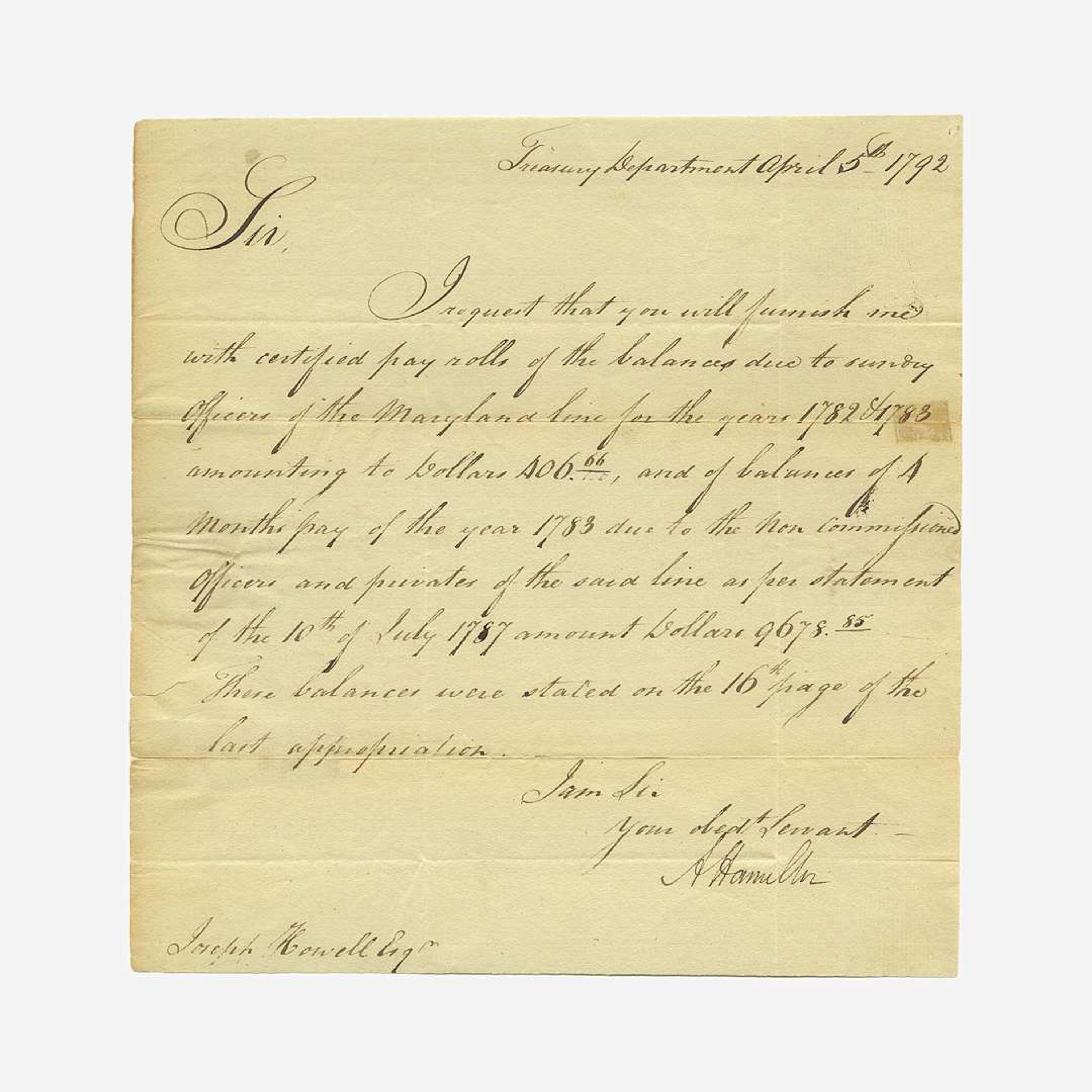 [Hamilton, Alexander] [Treasury Department] Letter, signed