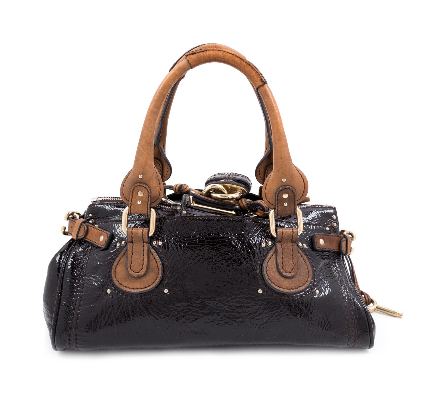 A Chloe Black Patent Paddington Bag, 6.5" H x 14.5" W x 8" D; Handle drop: 8".