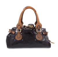 A Chloe Black Patent Paddington Bag, 6.5" H x 14.5" W x 8" D; Handle drop: 8".