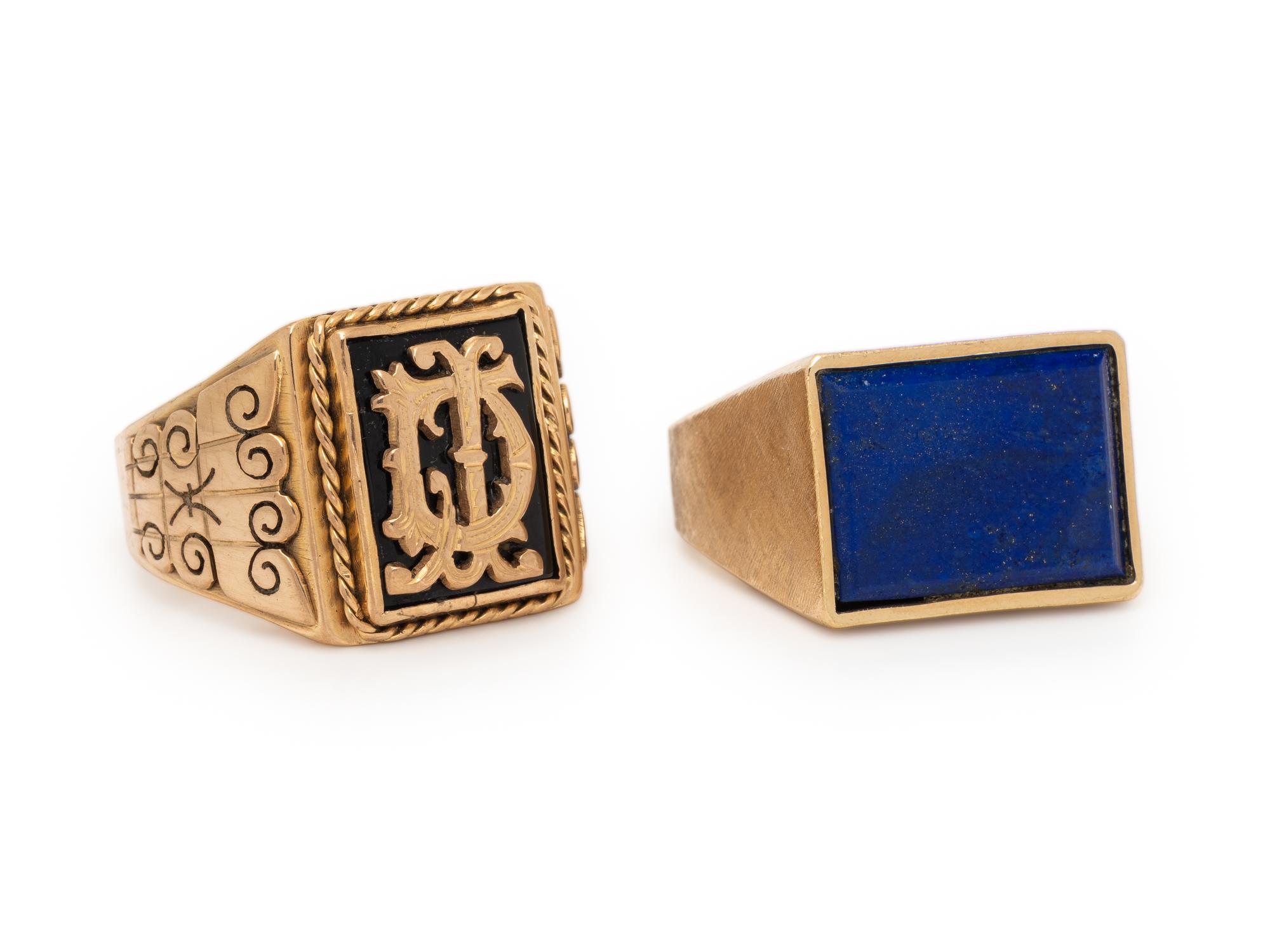 TWO HARDSTONE AND YELLOW GOLD RINGS