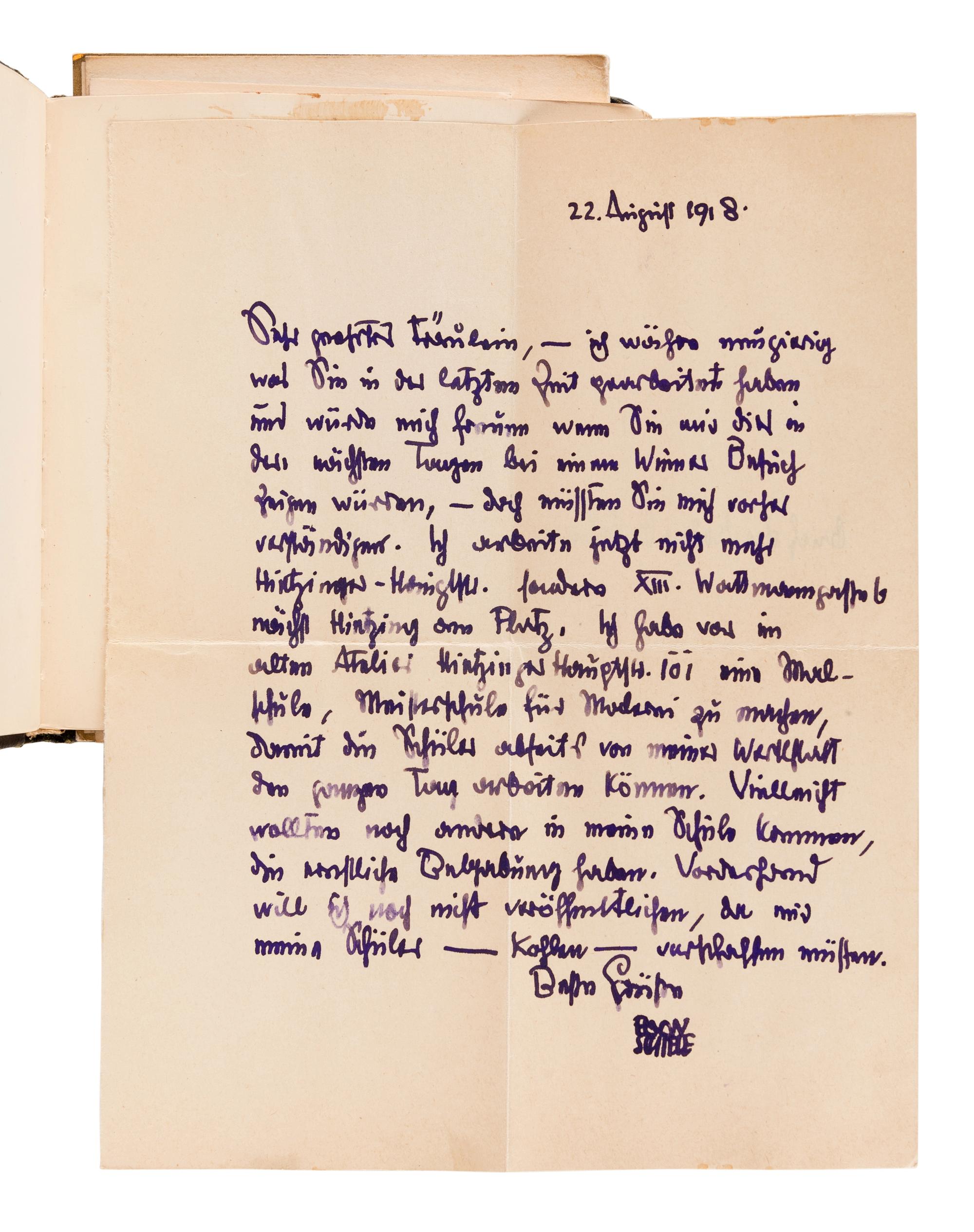 [KAUFMAN, Enit Zerner (1897-1961)] –SCHIELE, Egon (1890-1918). Autograph letter signed ("Egon Schiele" in a paraph), [to Enit Zerner Kaufman, "Fraulein"]. [Vienna], 22 August 1918.