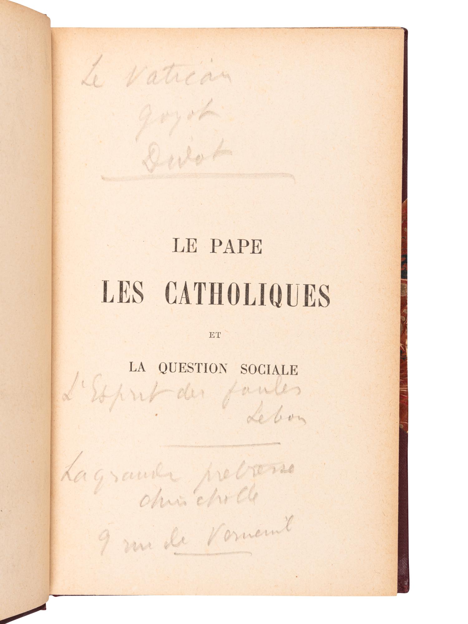 [MORÈS, Marquis de (1858-1896), his copy]. GREGOIRE, Leon. Le pape les Catholiques et la question sociale . Paris: Perrin et Cie, 1895.