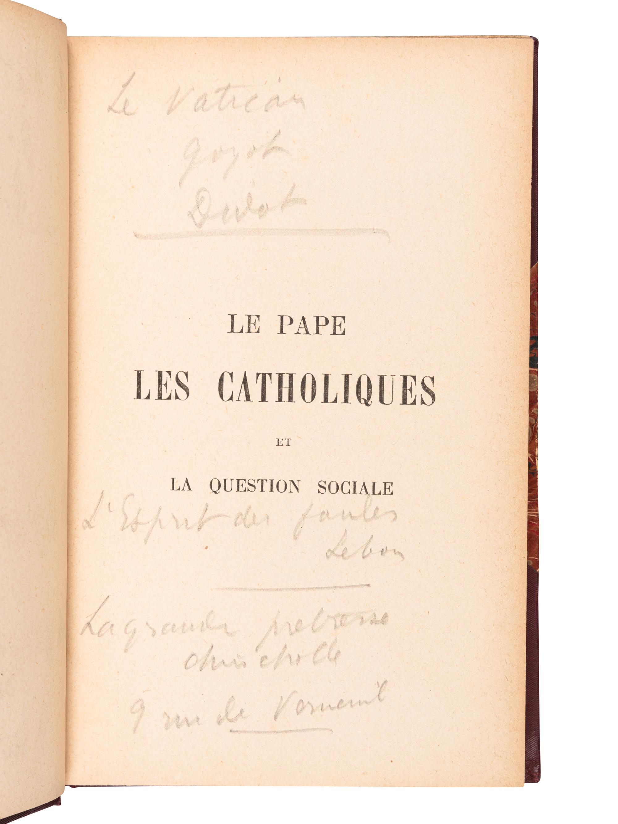 [MORÈS, Marquis de (1858-1896), his copy]. GREGOIRE, Leon. Le pape les Catholiques et la question sociale . Paris: Perrin et Cie, 1895.