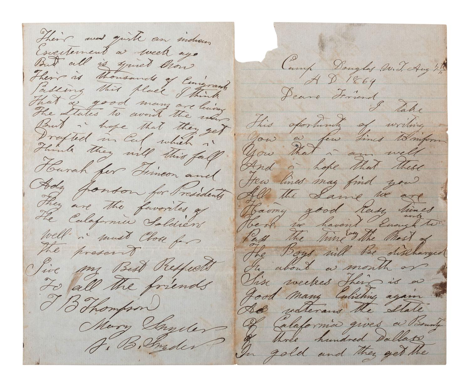 [CIVIL WAR] -- [UTAH TERRITORY] -- [MORMON]. Private Thomas B. Thompson letter archive, Co. D, 3rd Regiment, California Infantry, incl. Mormon and Native American content.