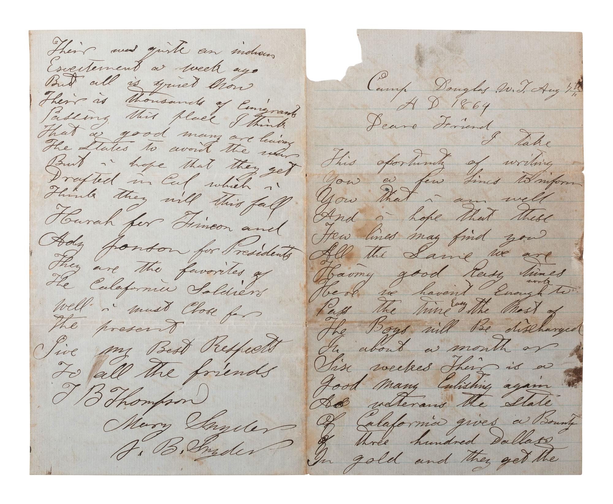 [CIVIL WAR] -- [UTAH TERRITORY] -- [MORMON]. Private Thomas B. Thompson letter archive, Co. D, 3rd Regiment, California Infantry, incl. Mormon and Native American content.