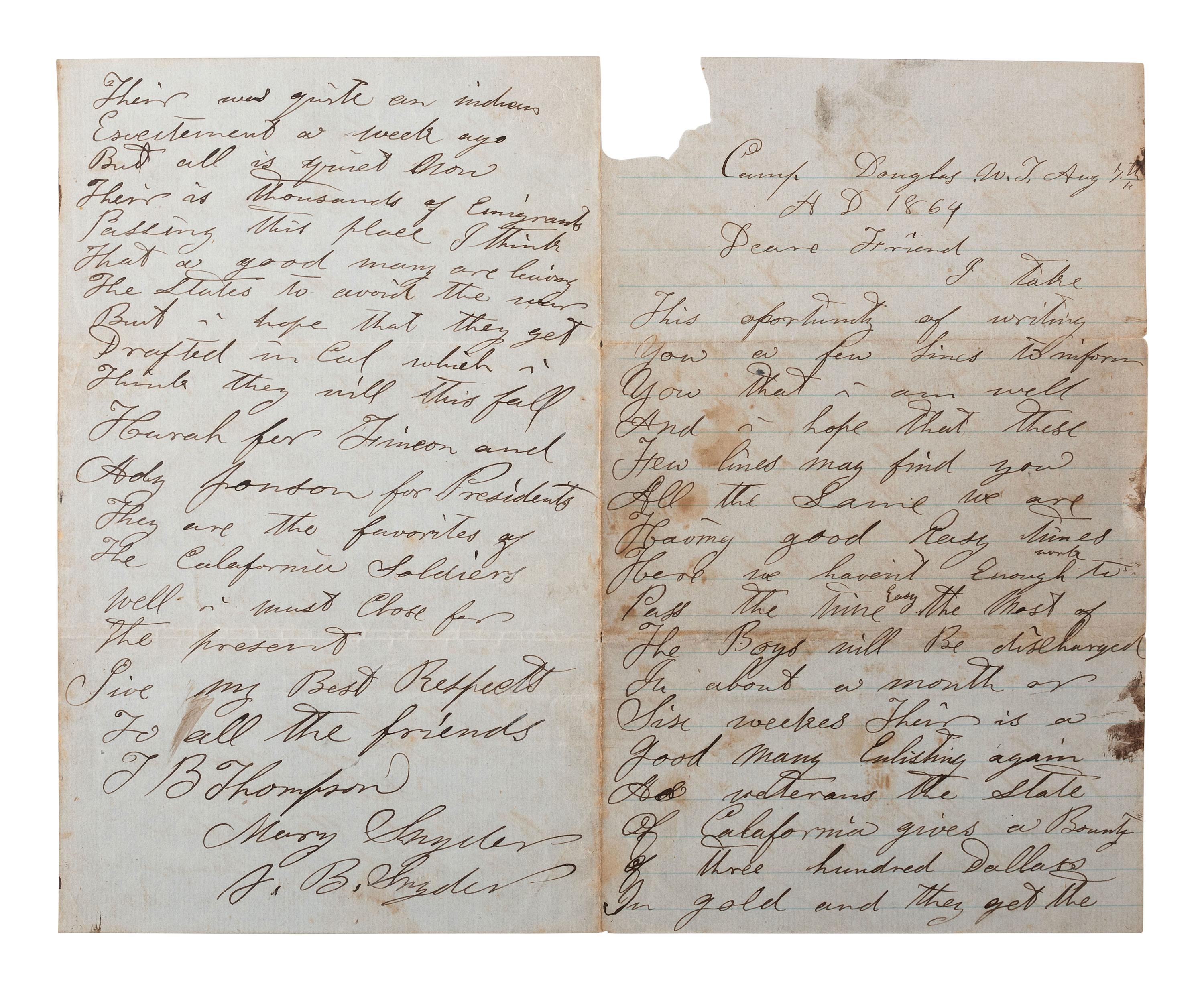 [CIVIL WAR] -- [UTAH TERRITORY] -- [MORMON]. Private Thomas B. Thompson letter archive, Co. D, 3rd Regiment, California Infantry, incl. Mormon and Native American content.