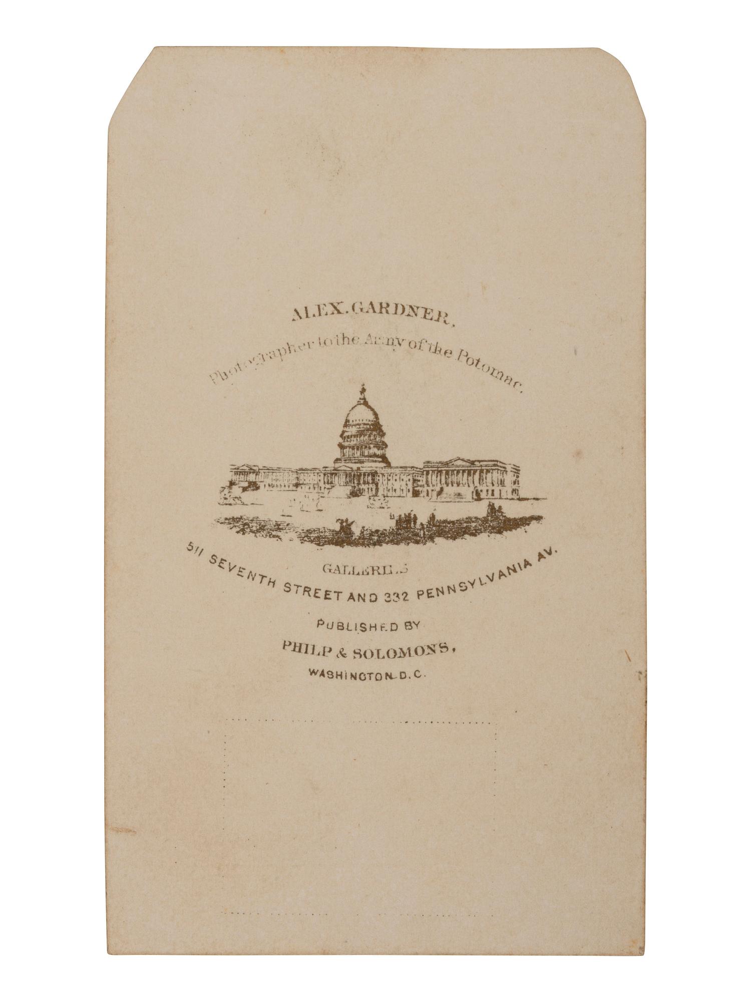[LINCOLN, Abraham (1809-1863)]. GARDNER, Alexander (1821-1882), photographer. CDV of Lincoln. Washington, DC: Philp & Solomons, 1863.