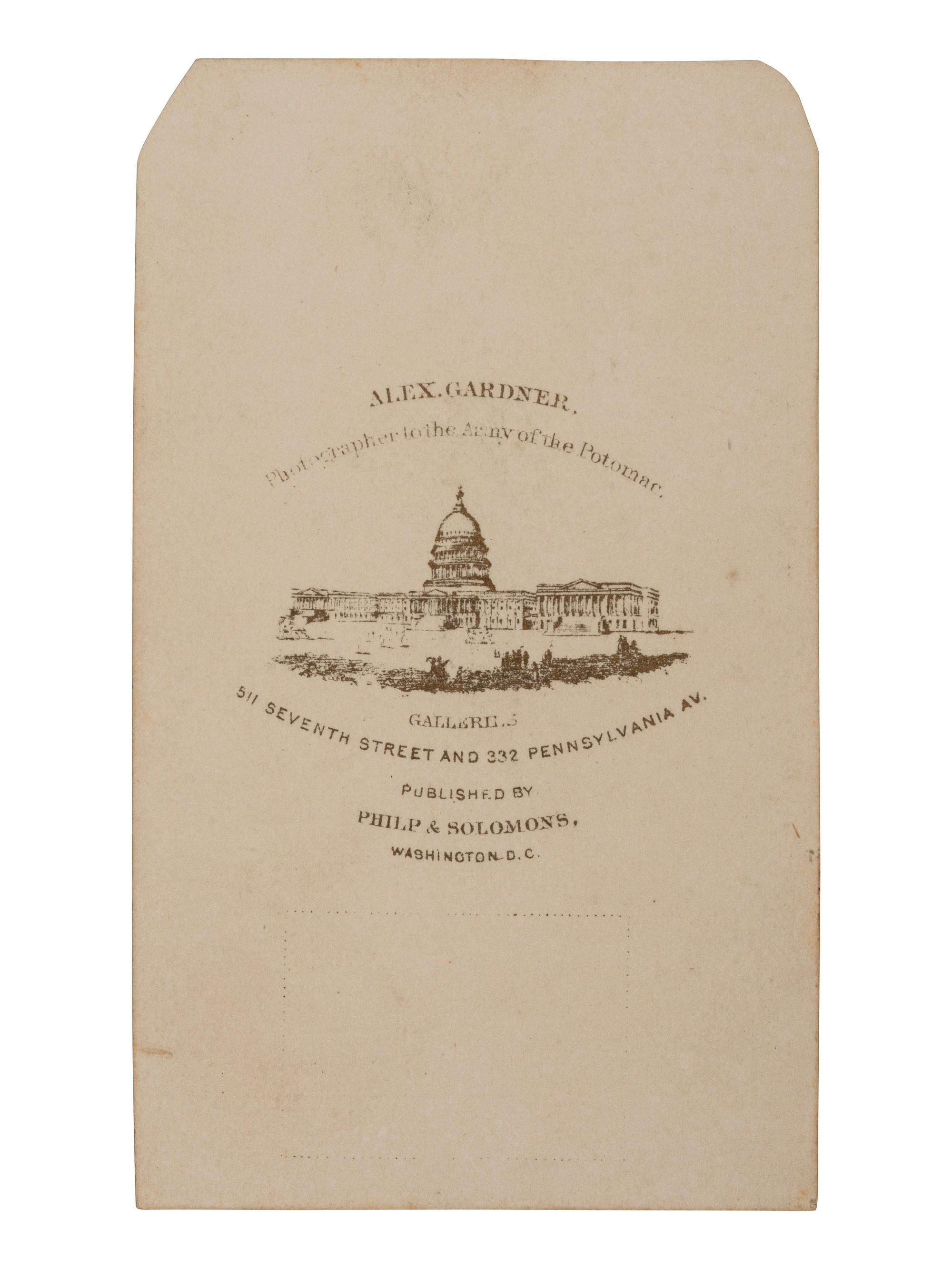 [LINCOLN, Abraham (1809-1863)]. GARDNER, Alexander (1821-1882), photographer. CDV of Lincoln. Washington, DC: Philp & Solomons, 1863.