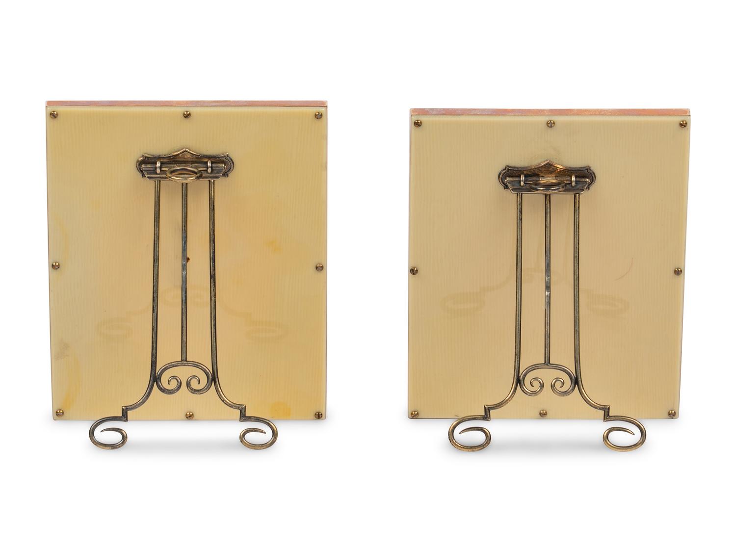 A Pair of Guilloché Enamel, 14k Vari-Color Gold, Diamond, and Cabochon-Mounted Picture Frames
