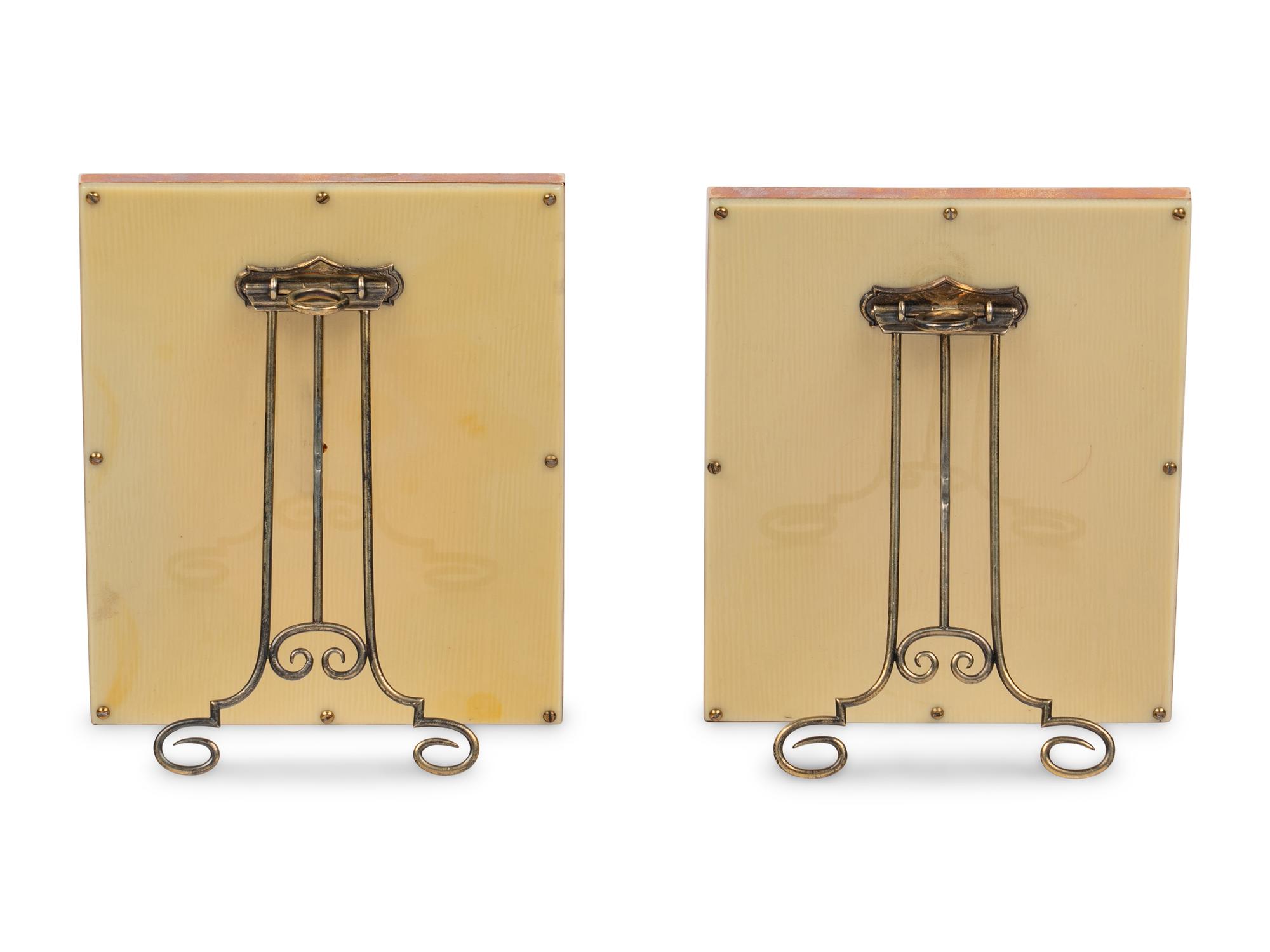 A Pair of Guilloché Enamel, 14k Vari-Color Gold, Diamond, and Cabochon-Mounted Picture Frames