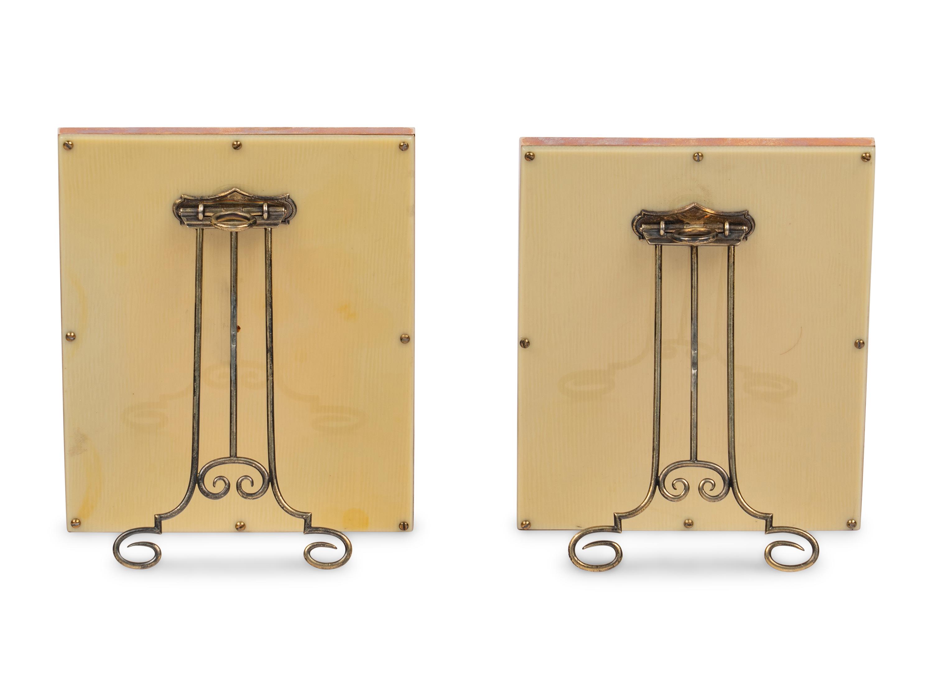 A Pair of Guilloché Enamel, 14k Vari-Color Gold, Diamond, and Cabochon-Mounted Picture Frames