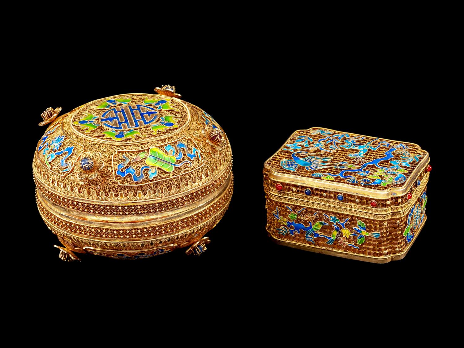 Two Chinese Silver-Gilt Filigree and Enamel Articles