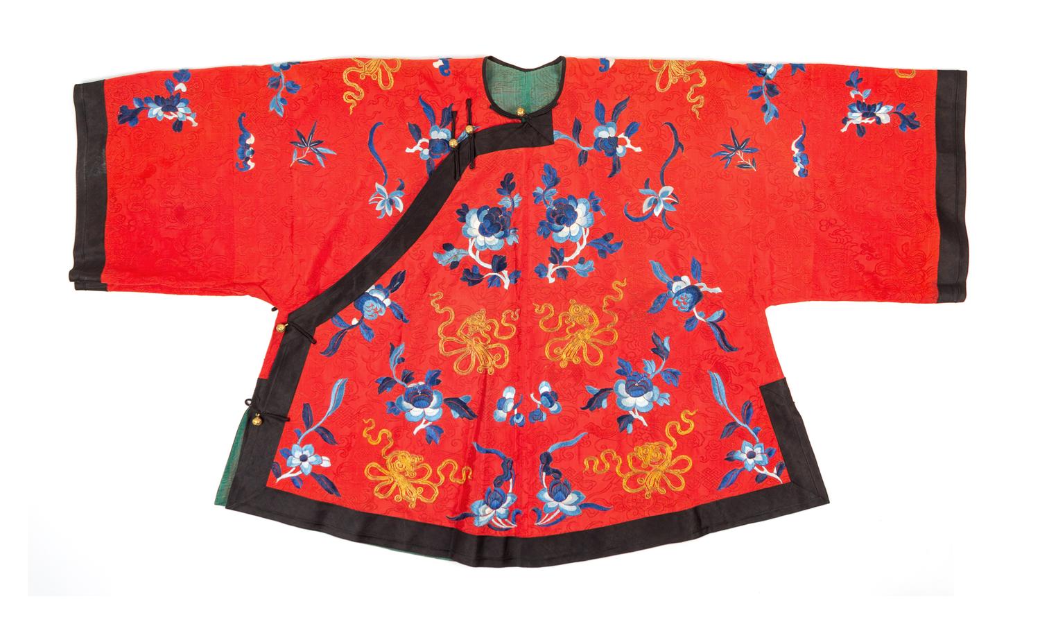 A Chinese Coral Red Ground Embroidered Silk Lady's Jacket