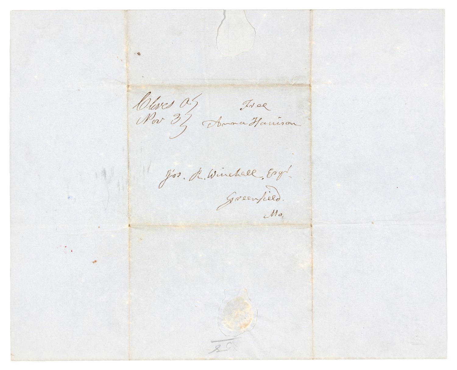 HARRISON, Anna Tuthill Symmes (1775-1864), First Lady. Autograph letter signed ("Anna Harrison"), Northbend, Ohio. To Joseph R. Winchell, Greenfield, Massachusetts, 1 November 1848.