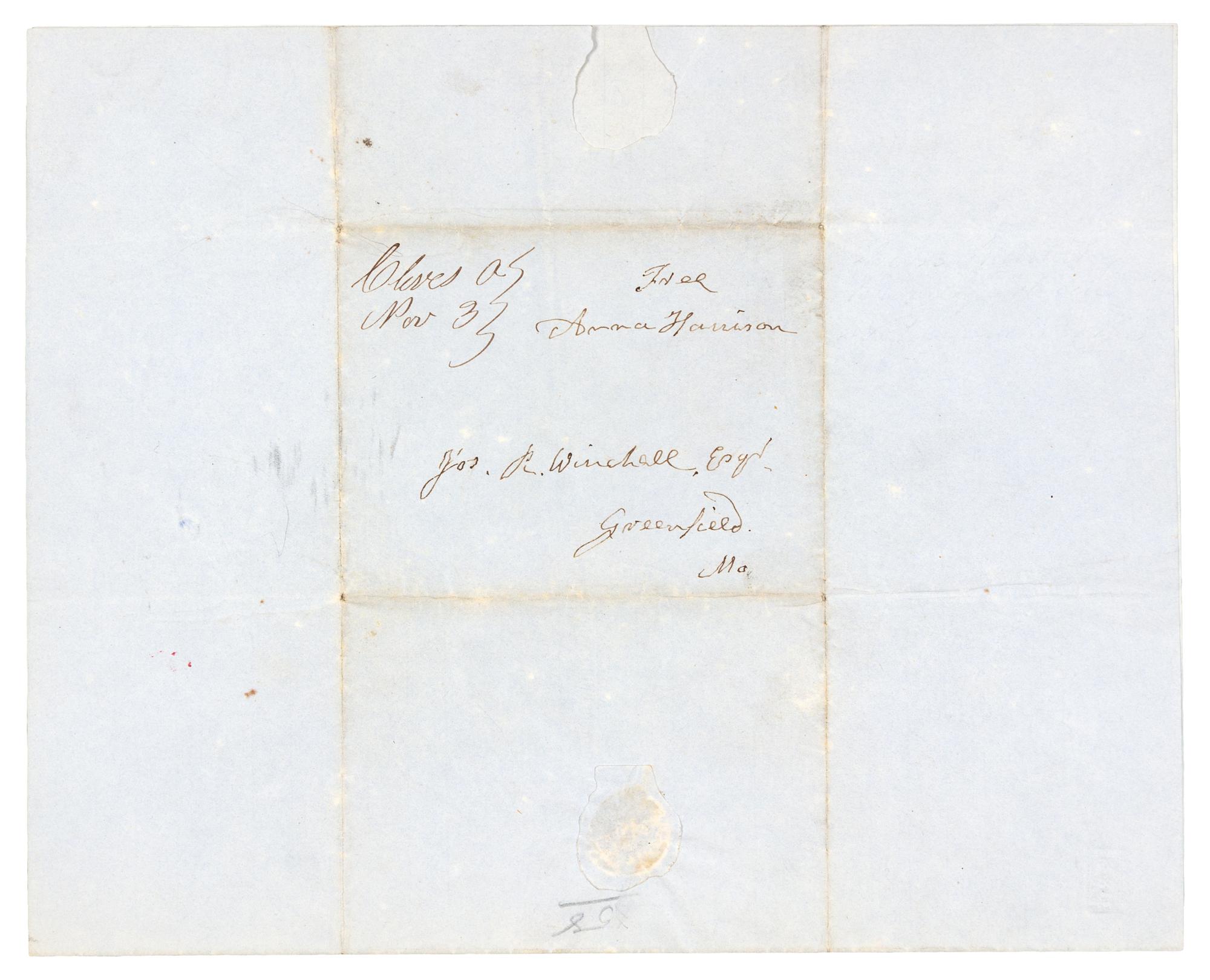 HARRISON, Anna Tuthill Symmes (1775-1864), First Lady. Autograph letter signed ("Anna Harrison"), Northbend, Ohio. To Joseph R. Winchell, Greenfield, Massachusetts, 1 November 1848.