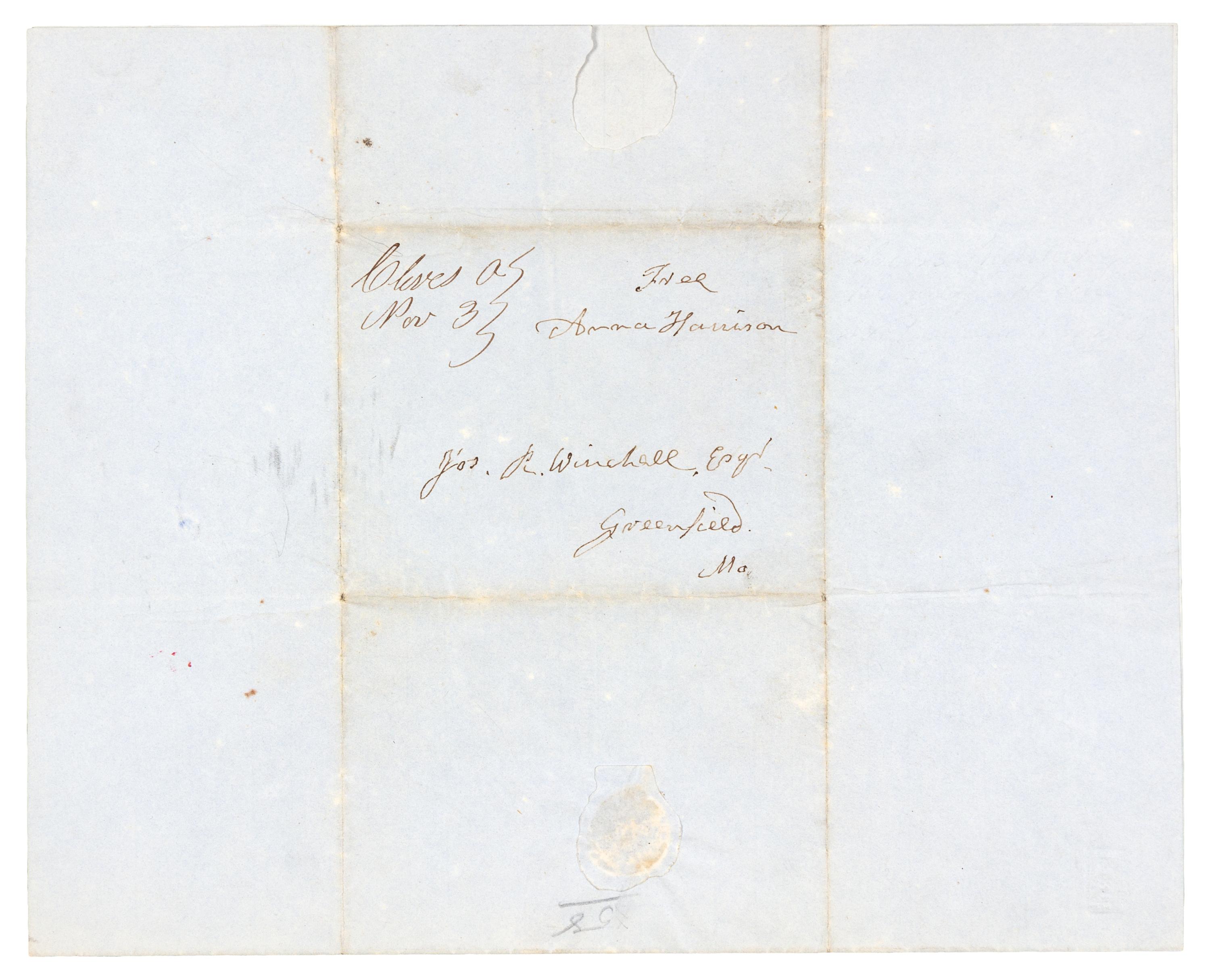HARRISON, Anna Tuthill Symmes (1775-1864), First Lady. Autograph letter signed ("Anna Harrison"), Northbend, Ohio. To Joseph R. Winchell, Greenfield, Massachusetts, 1 November 1848.
