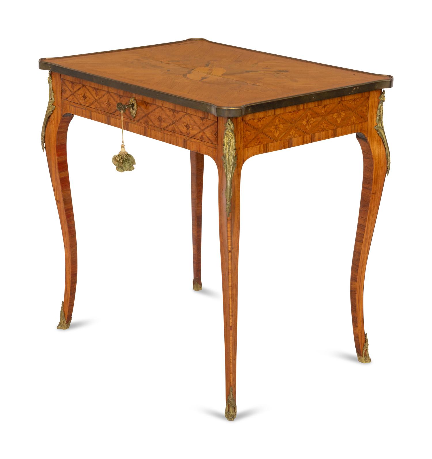 A Louis XV Marquetry Veneered Stand with Gilt Bronze Mounts