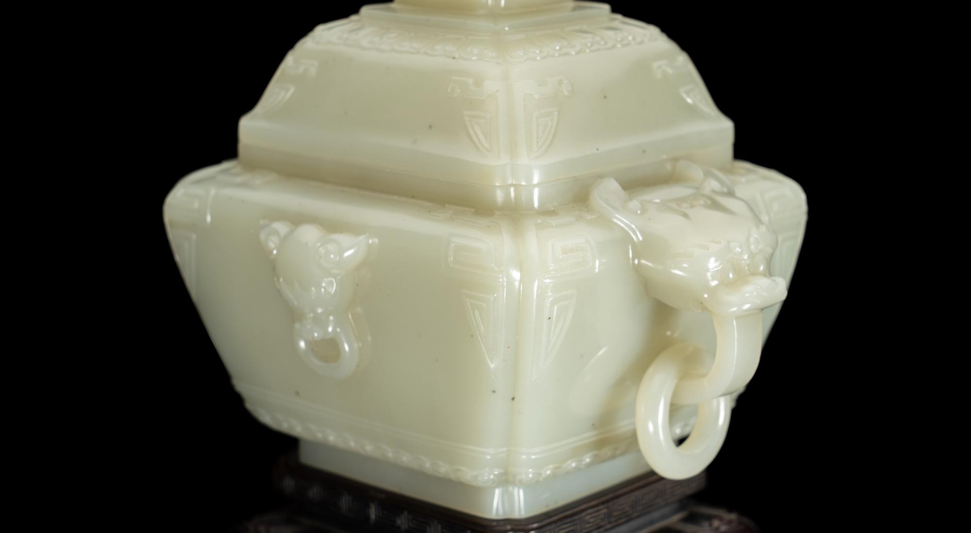 A Chinese Pale Celadon Jade Censer and Cover