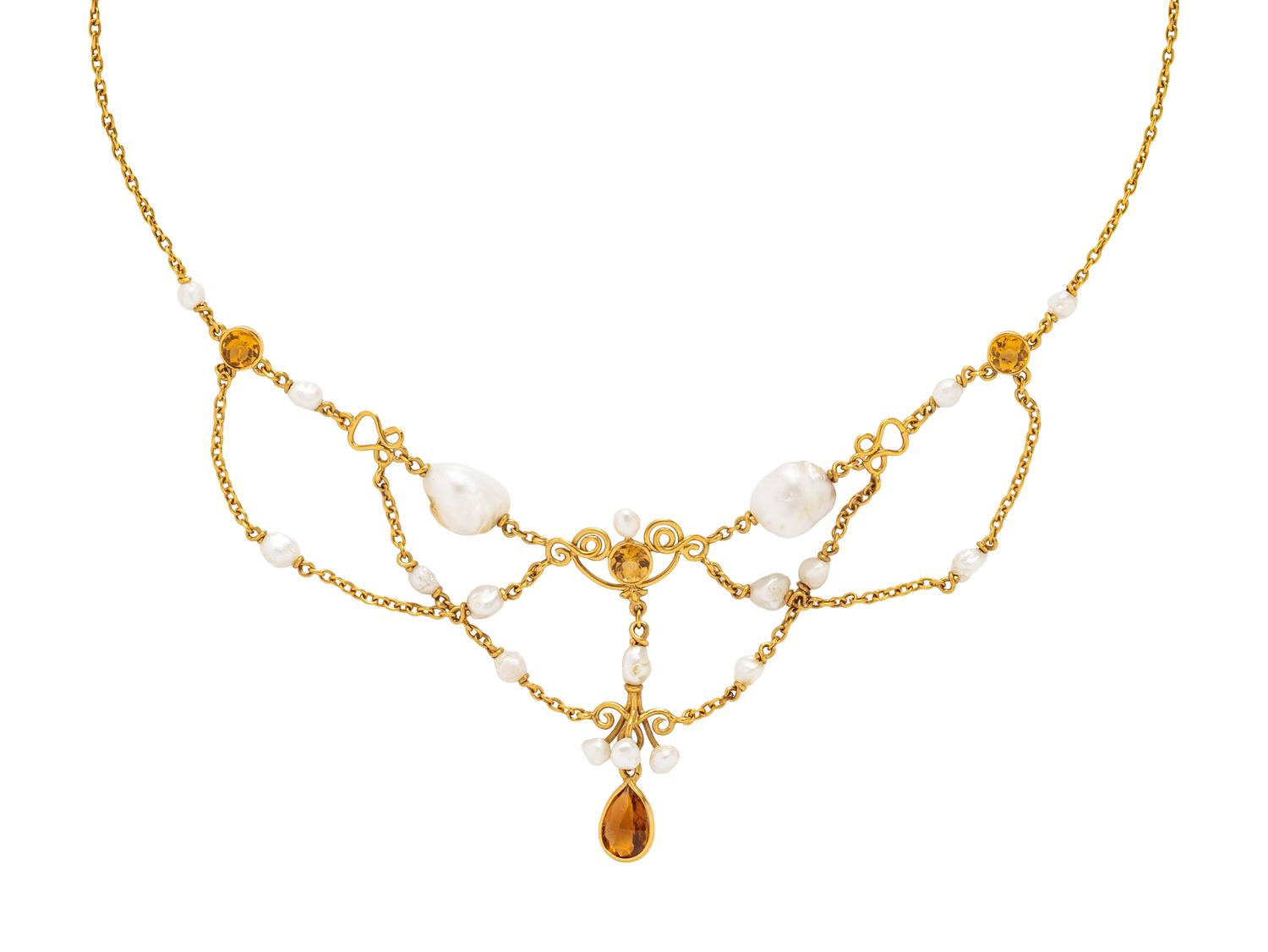 YELLOW GOLD, KESHI PEARL, AND CITRINE NECKLACE