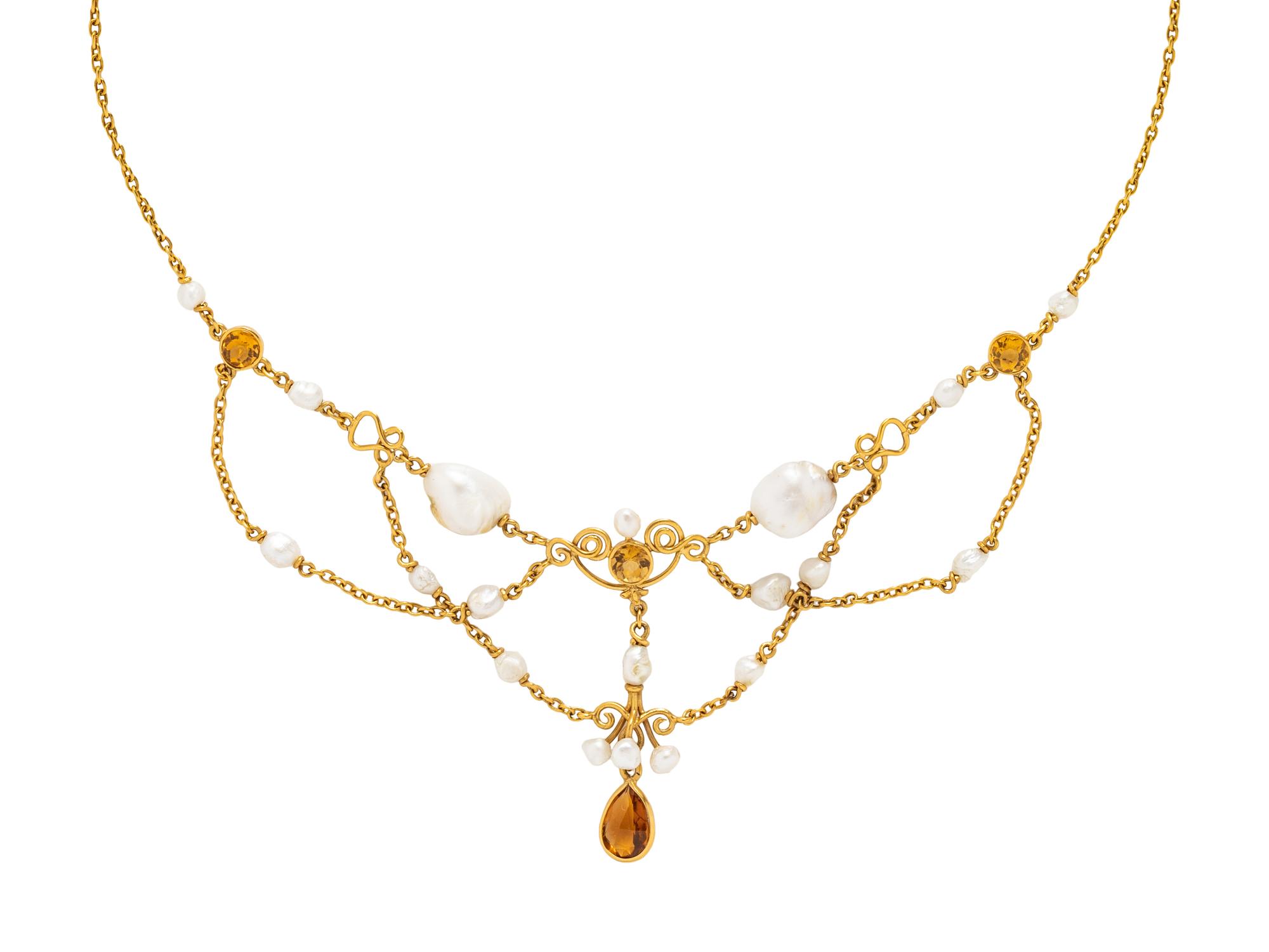 YELLOW GOLD, KESHI PEARL, AND CITRINE NECKLACE