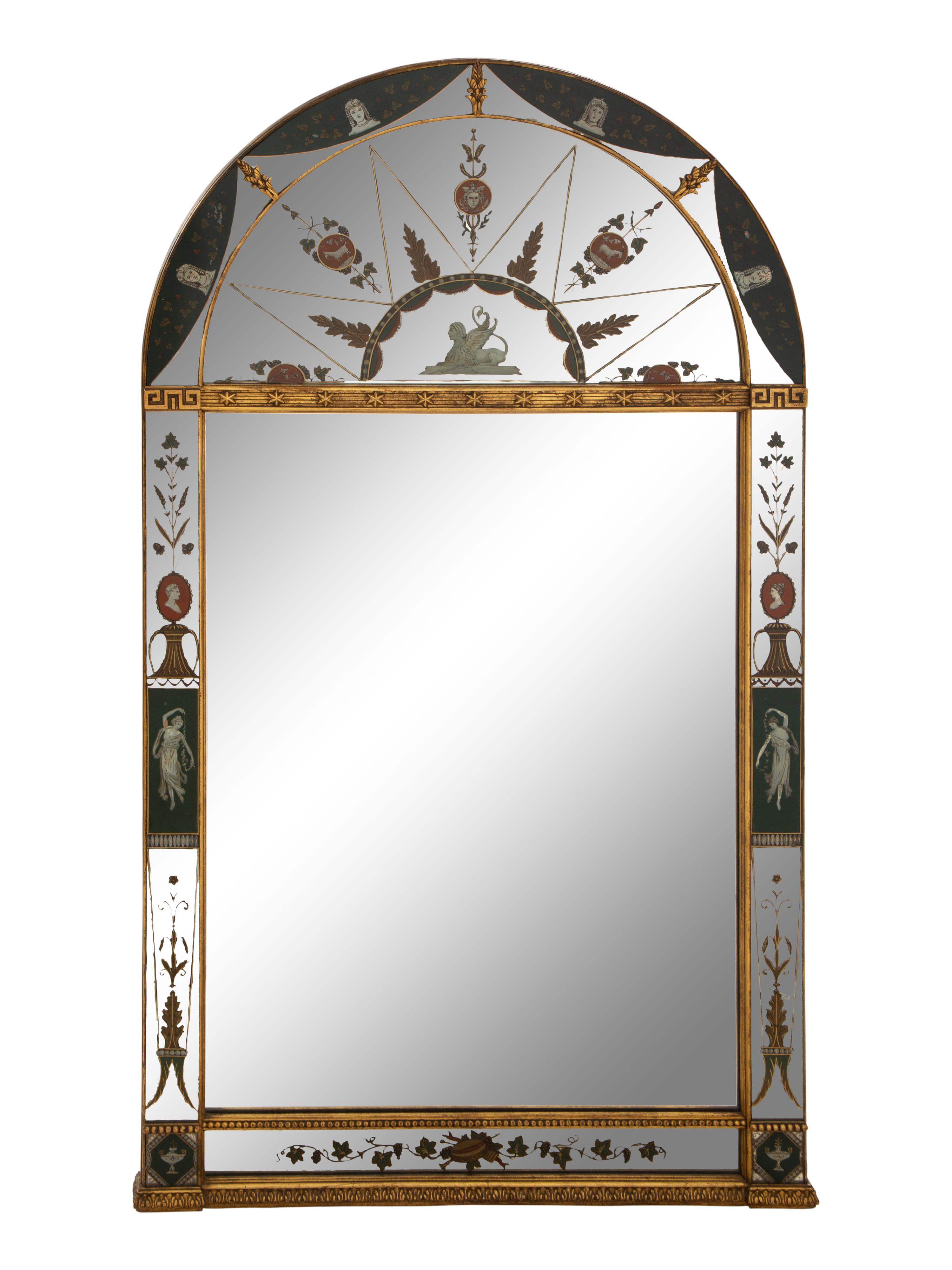 A Neoclassical Style Reverse-Painted Glass and Giltwood Mirror