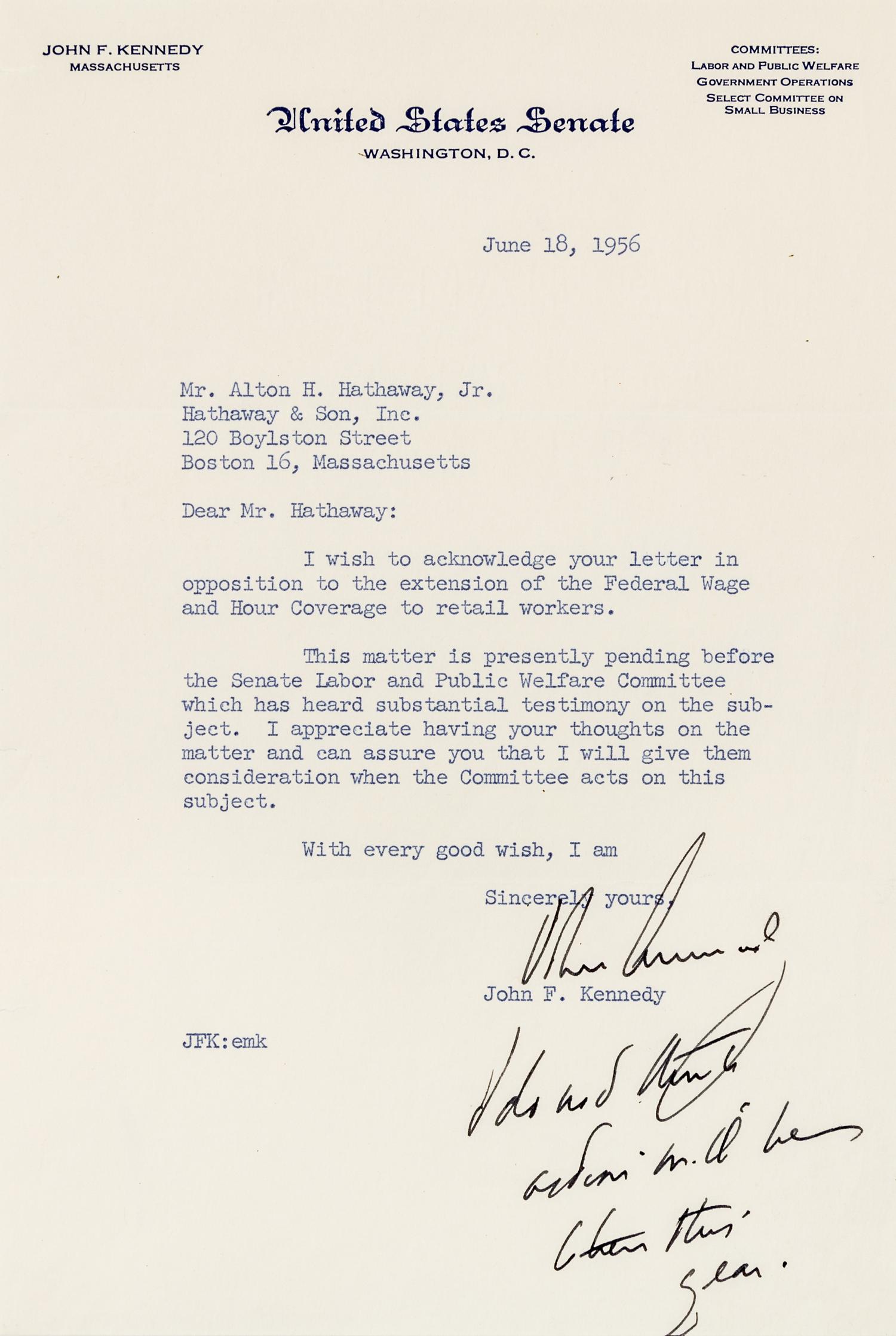 KENNEDY, John Fitzgerald. TLS ("John Kennedy") with inscribed postscript, to Mr. Alton H. Hathaway, Jr., Washington, D.C., 18 June 1956