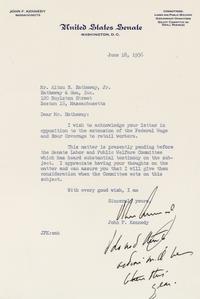 KENNEDY, John Fitzgerald. TLS ("John Kennedy") with inscribed postscript, to Mr. Alton H. Hathaway, Jr., Washington, D.C., 18 June 1956