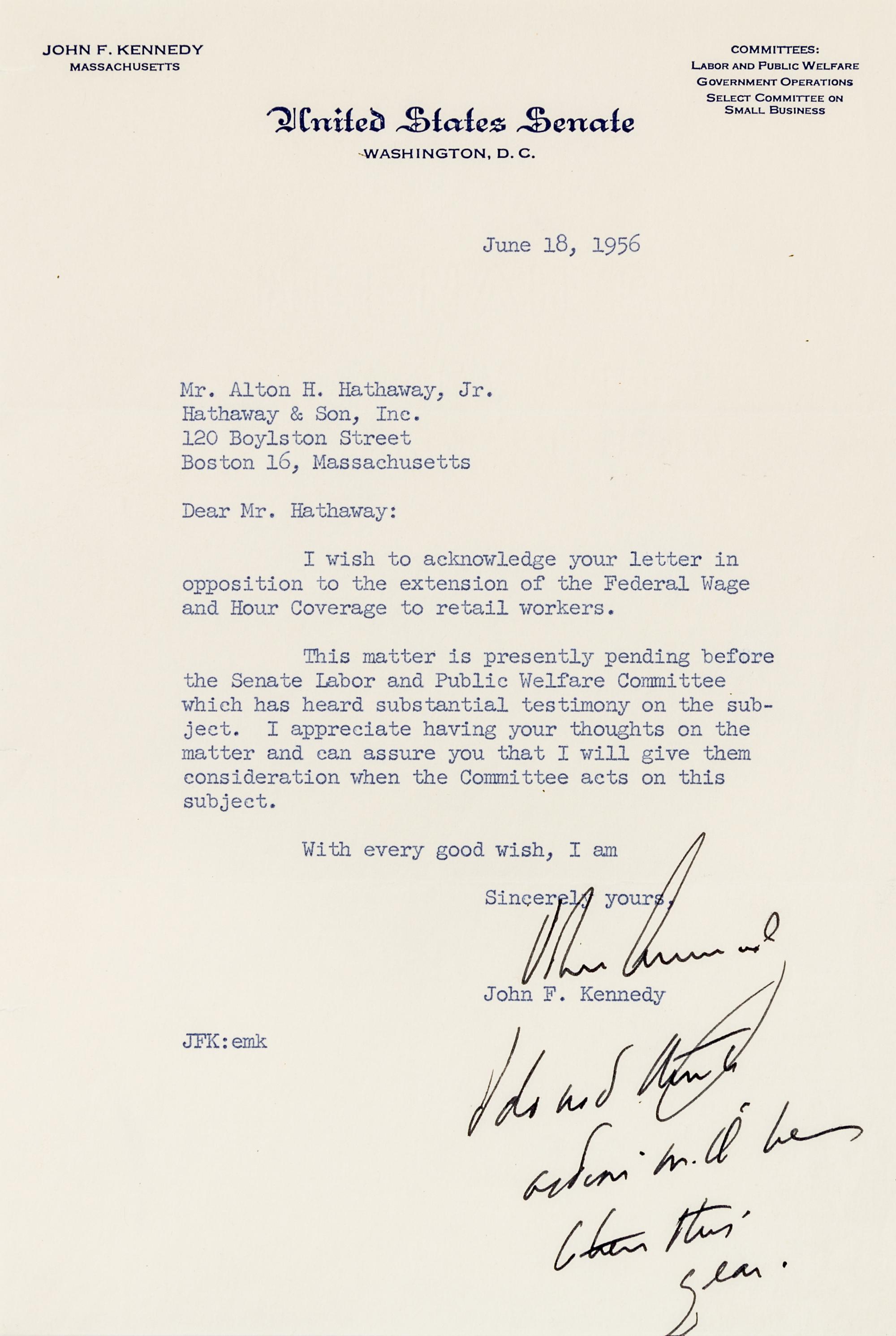 KENNEDY, John Fitzgerald. TLS ("John Kennedy") with inscribed postscript, to Mr. Alton H. Hathaway, Jr., Washington, D.C., 18 June 1956