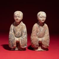 A Pair of Chinese Painted Pottery Kneeling Ladies, Western Han Dynasty — 西漢 陶彩繪跽坐女樂俑一對