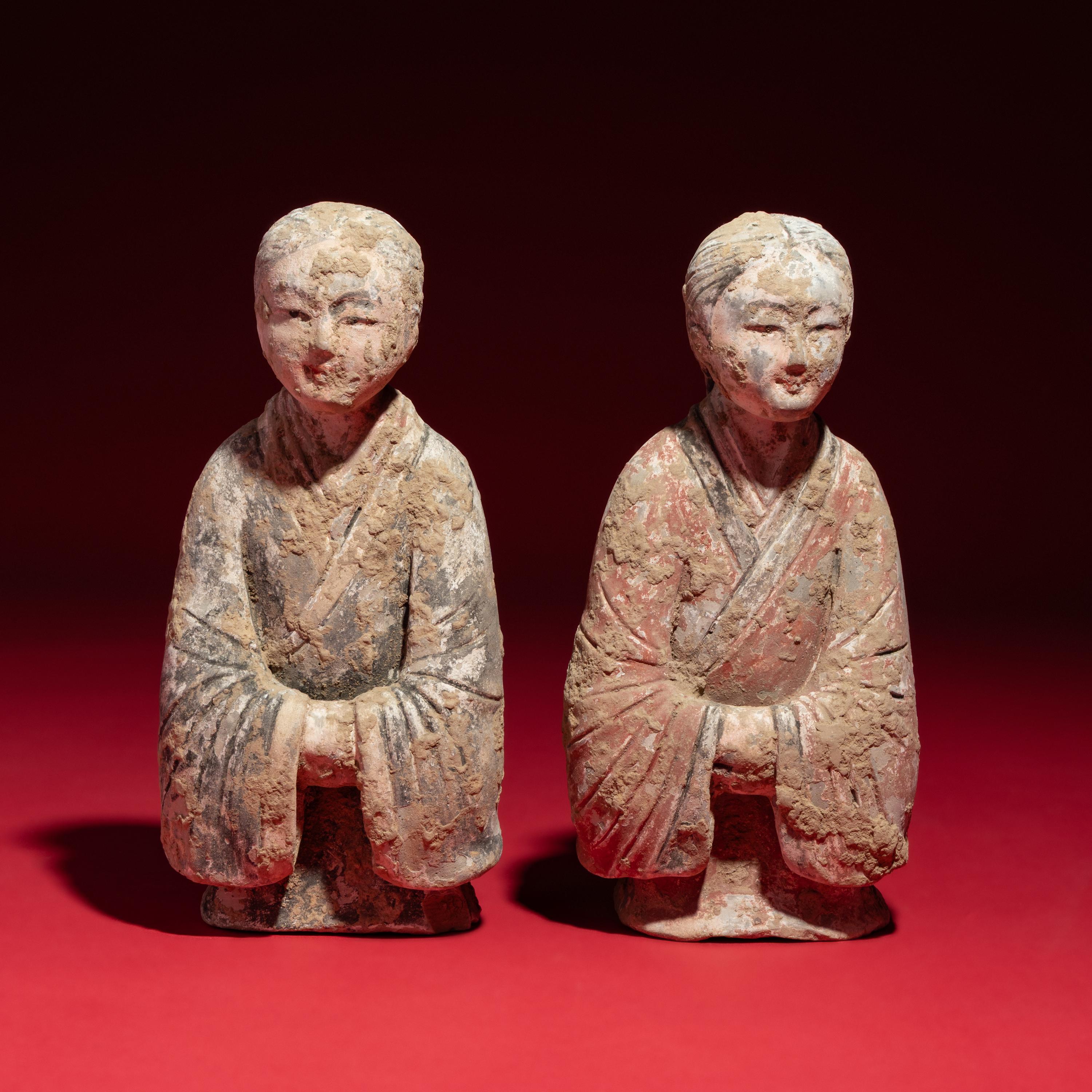 A Pair of Chinese Painted Pottery Kneeling Ladies, Western Han Dynasty — 西漢 陶彩繪跽坐女樂俑一對