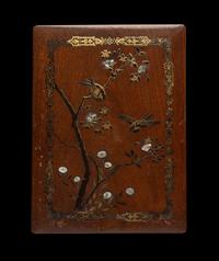 A Japanese Mother-of-Pearl Inlaid Gilt and Black Lacquered Hardwood Stationary Box
