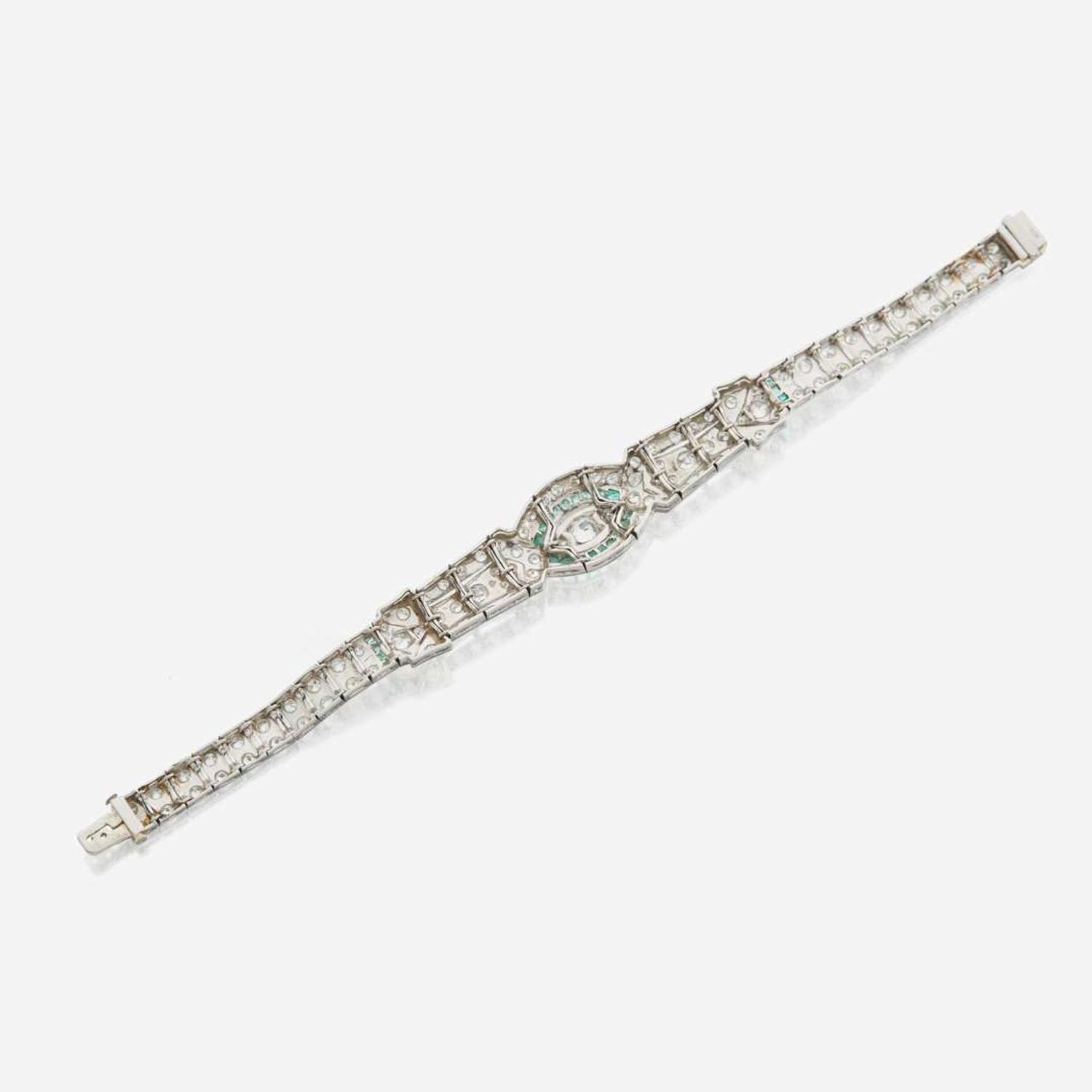 An Art Deco emerald, diamond, and platinum bracelet