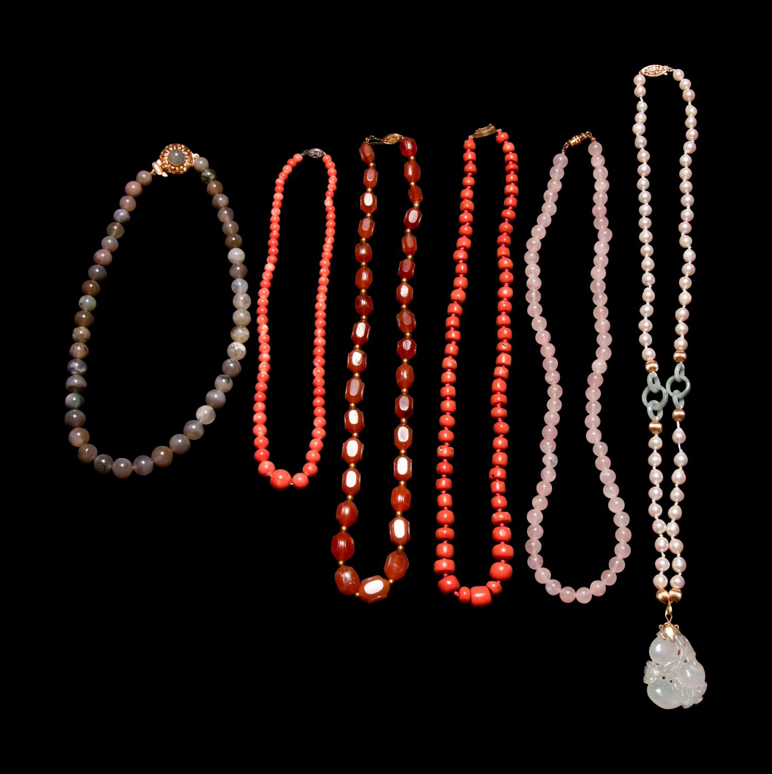 Six Chinese Gemstone and Hardstone Beaded Necklaces