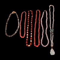 Six Chinese Gemstone and Hardstone Beaded Necklaces