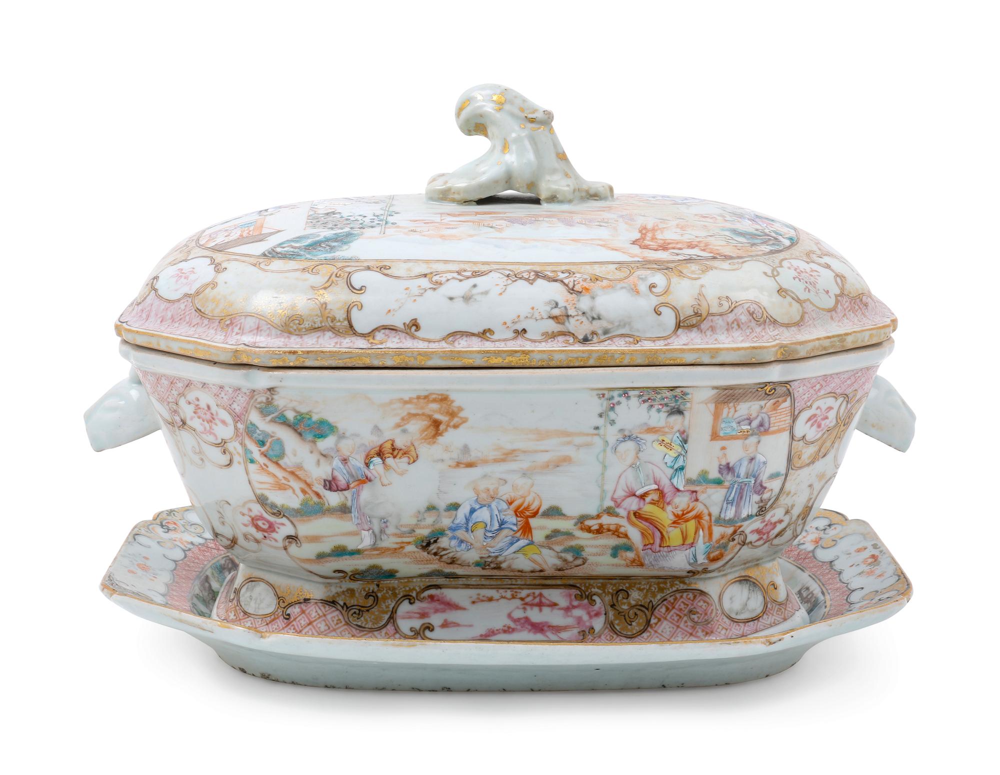 A Chinese Export Famille Rose Porcelain Covered Tureen and Underplate