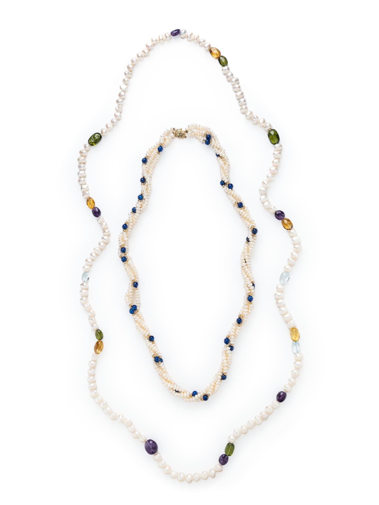 TWO CULTURED AND MULTIGEM PEARL NECKLACES